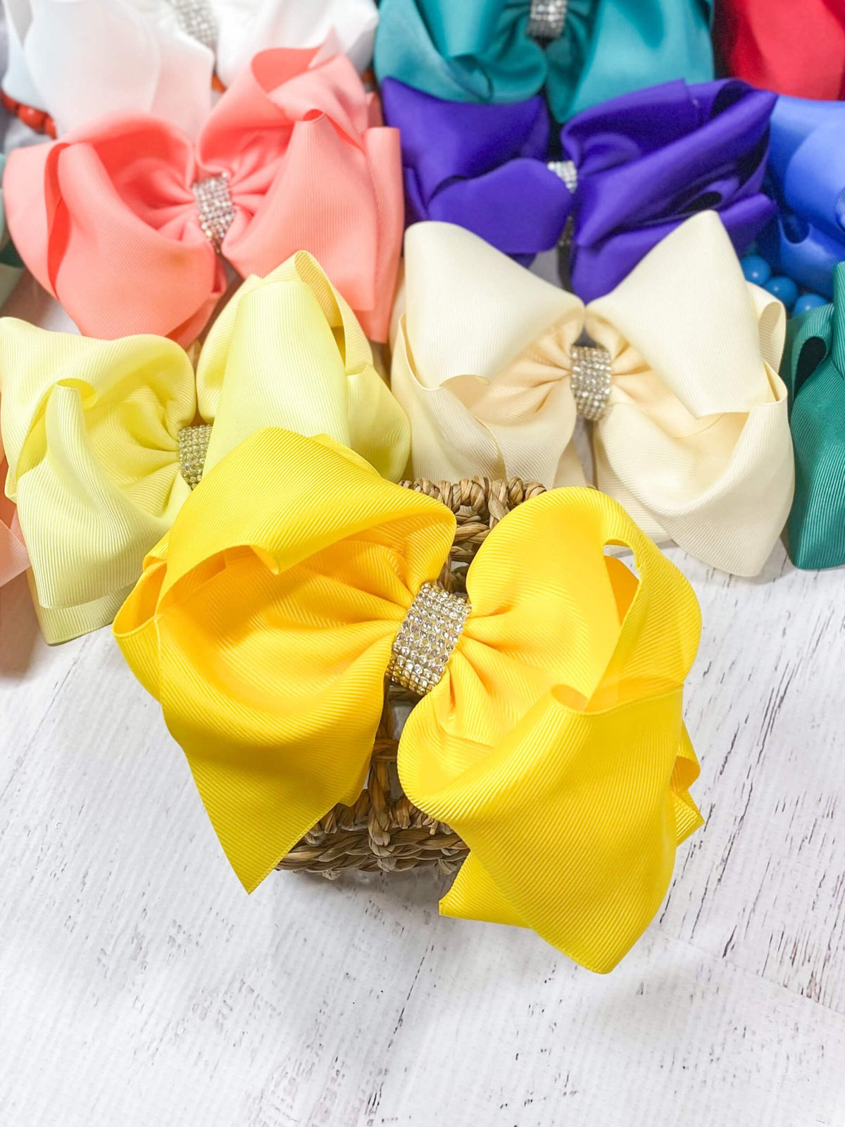 5.5 inch yellow oversize rhinestone center knot hair bow