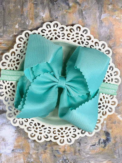 5.5 inch aqua oversize scalloped hair bow on satin headband