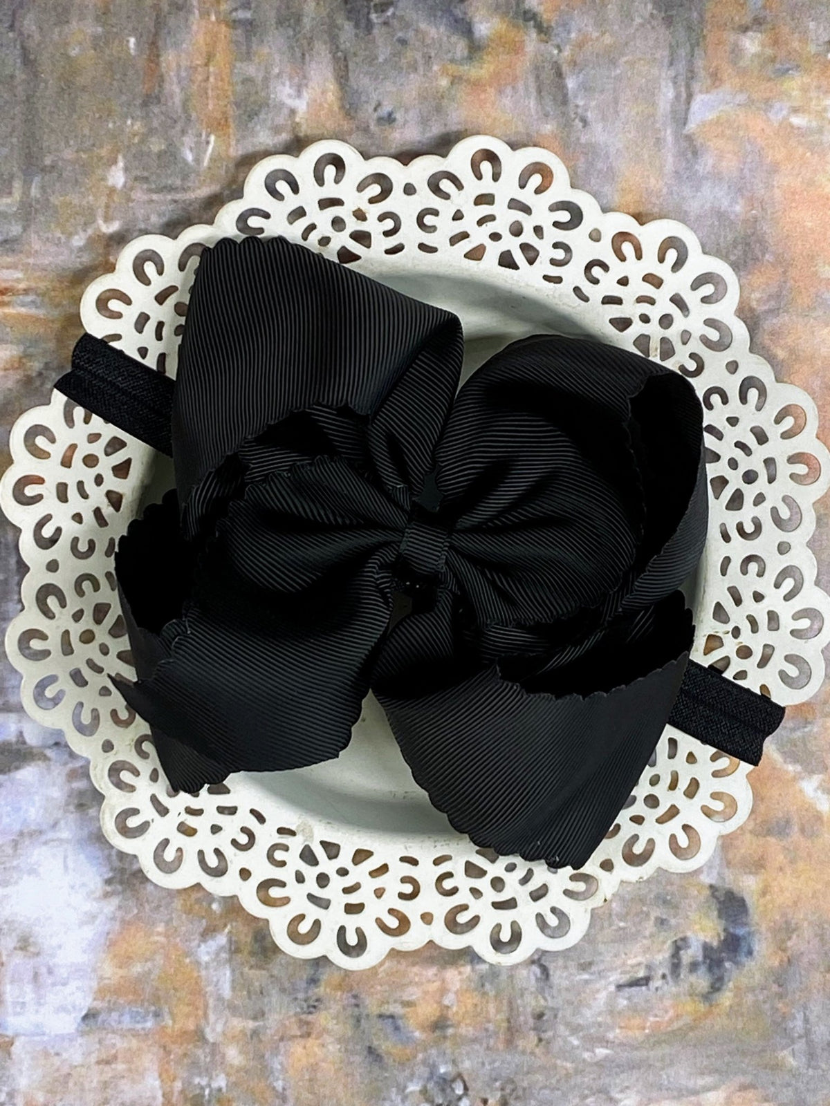5.5 inch black oversize scalloped hair bow on satin headband