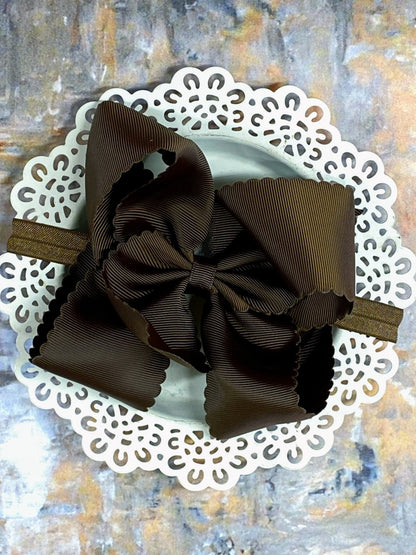 5.5 inch chocolate oversize scalloped hair bow on satin headband