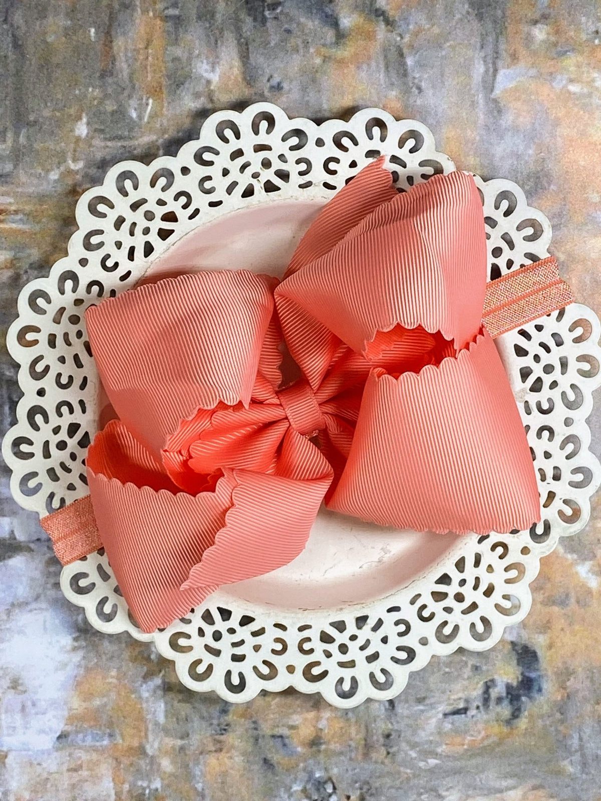 5.5 inch coral oversize scalloped hair bow on satin headband