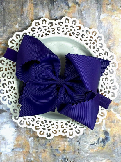 5.5 inch eggplant oversize scalloped hair bow on satin headband
