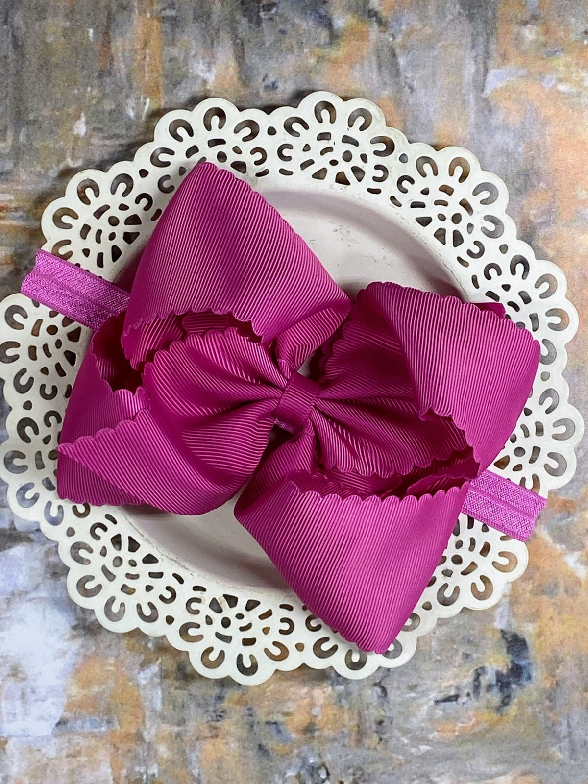 5.5 inch fuchsia oversize scalloped hair bow on satin headband