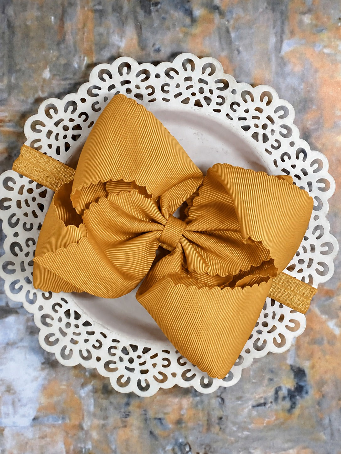 5.5 inch gold oversize scalloped hair bow on satin headband