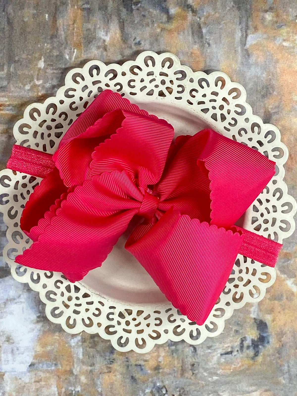 5.5 inch hot pink oversize scalloped hair bow on satin headband