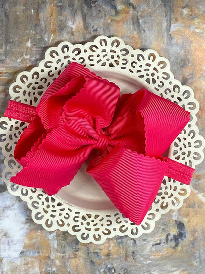 5.5 inch hot pink oversize scalloped hair bow on satin headband
