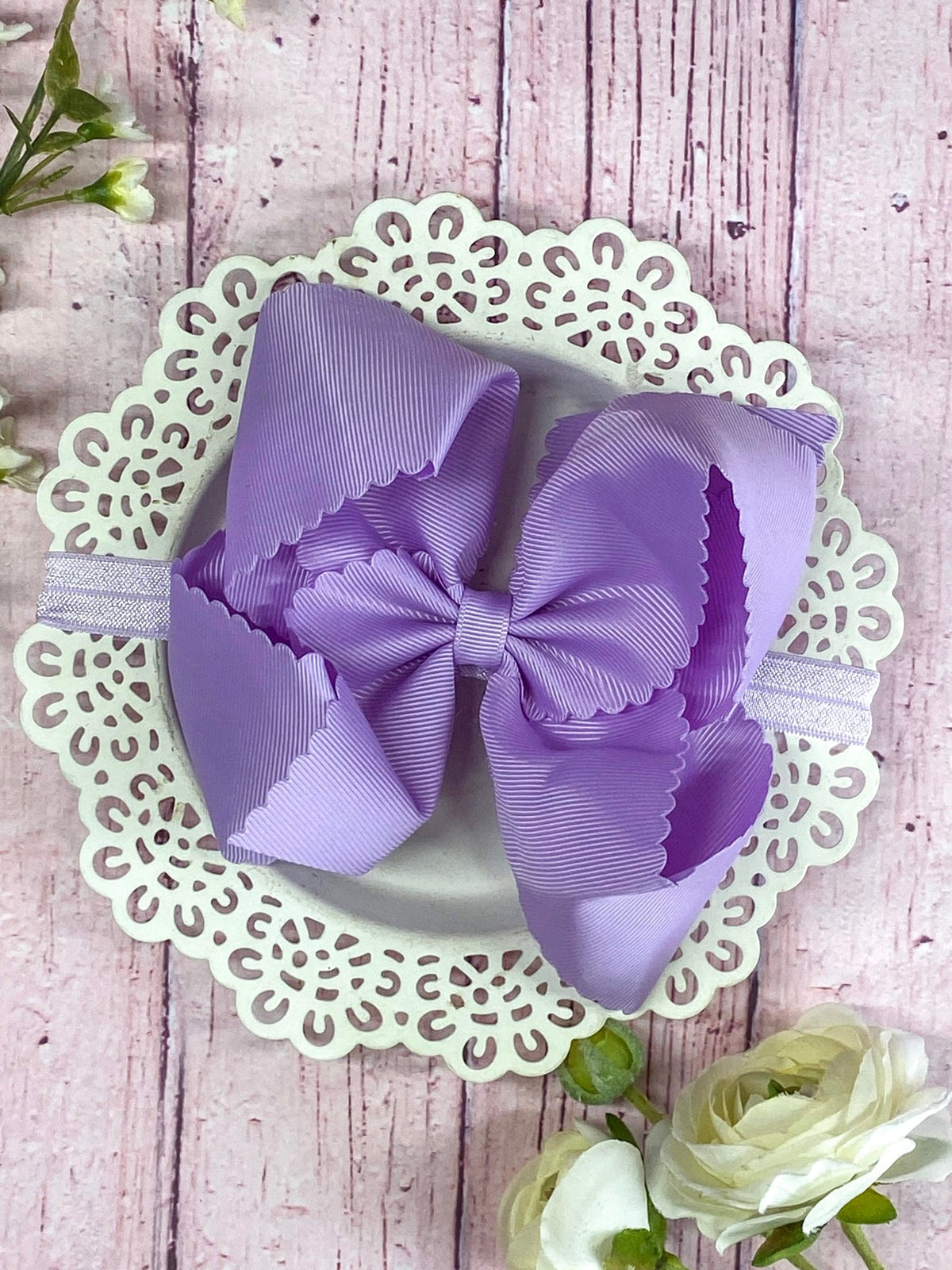 5.5 inch lavender oversize scalloped hair bow on satin headband