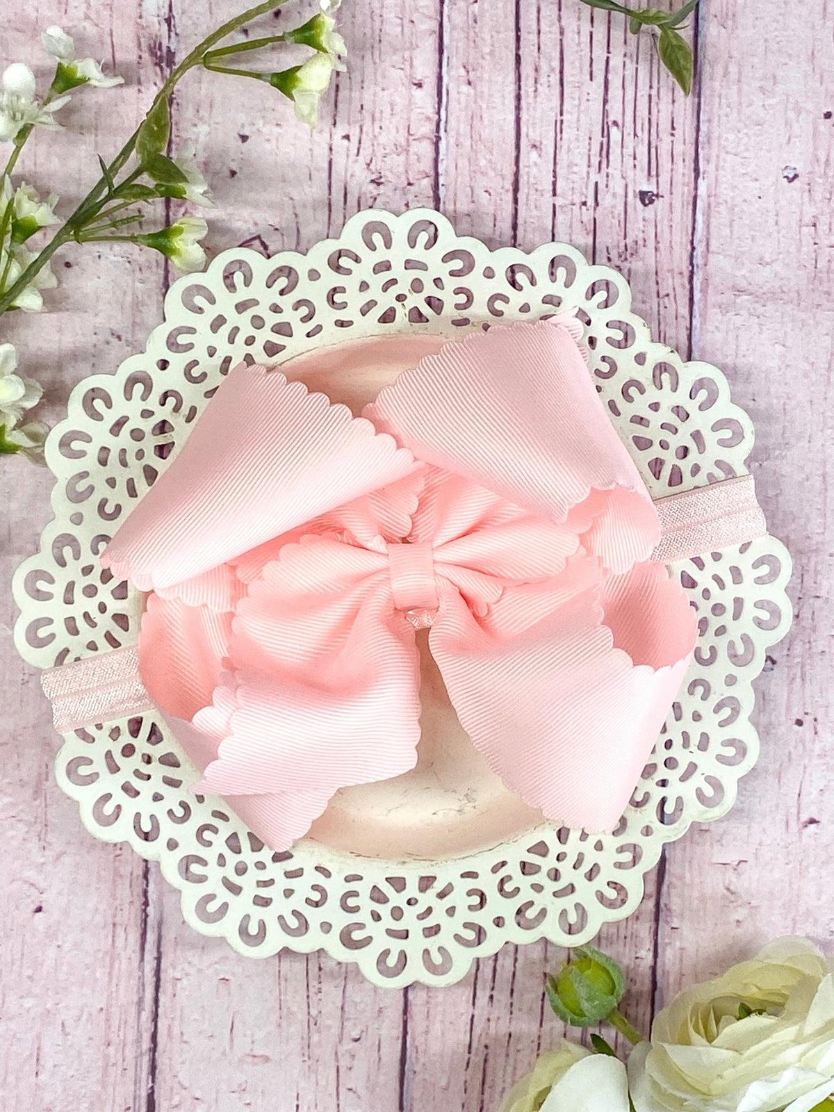 5.5 inch light pink oversize scalloped hair bow on satin headband