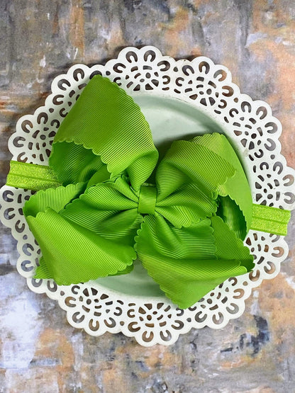 5.5 inch lime green oversize scalloped hair bow on satin headband