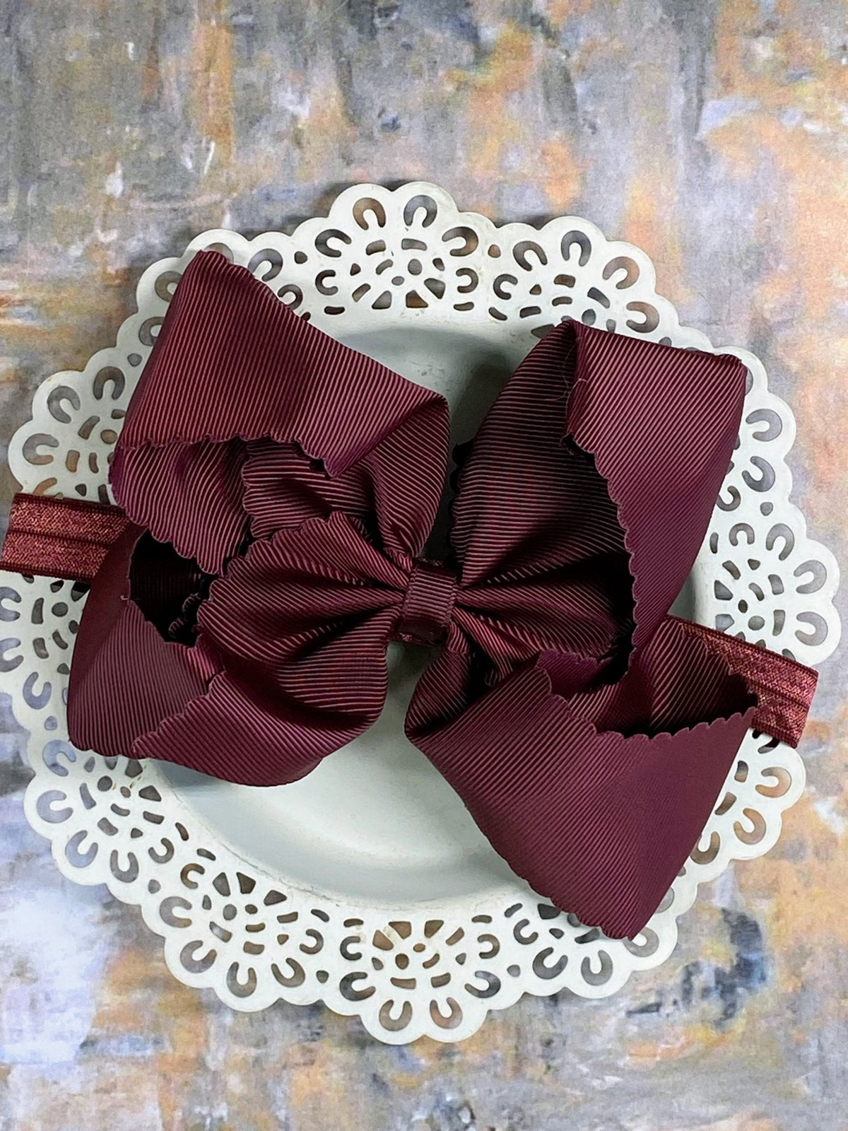 5.5 inch maroon oversize scalloped hair bow on satin headband