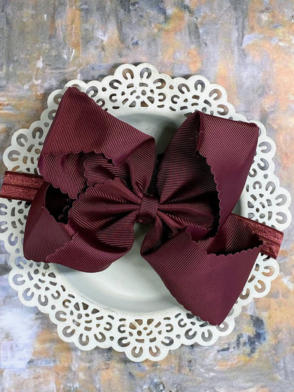 5.5 inch maroon oversize scalloped hair bow on satin headband