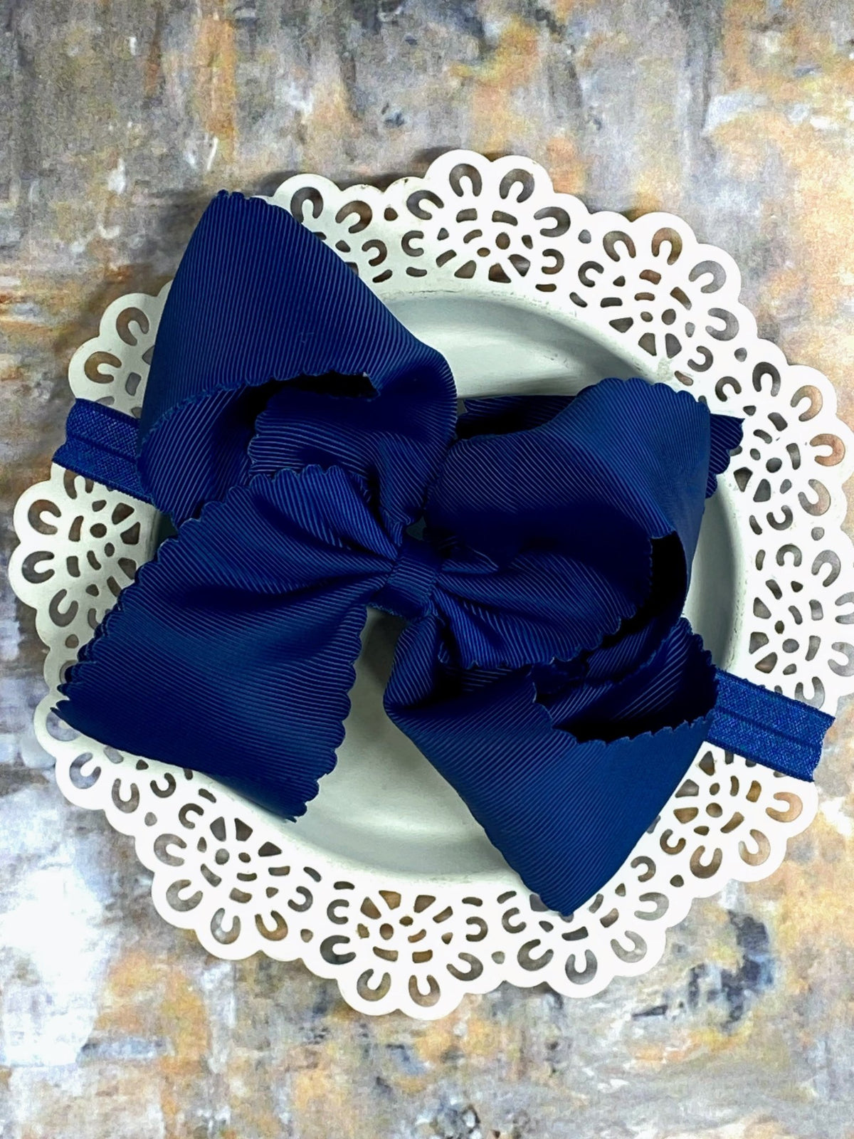 5.5 inch navy oversize scalloped hair bow on satin headband