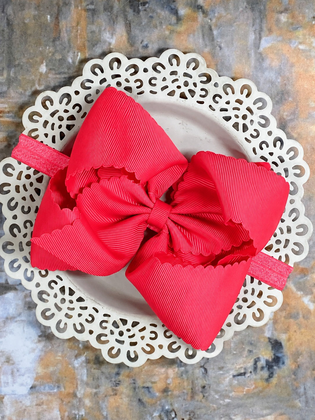 5.5 inch neon pink oversize scalloped hair bow on satin headband