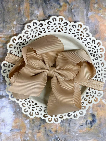 5.5 inch oatmeal oversize scalloped hair bow on satin headband