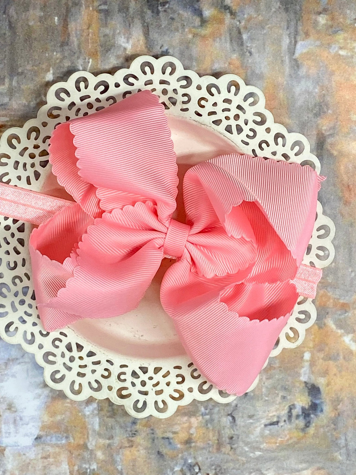 5.5 inch pink oversize scalloped hair bow on satin headband
