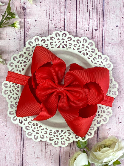 5.5 inch red oversize scalloped hair bow on satin headband