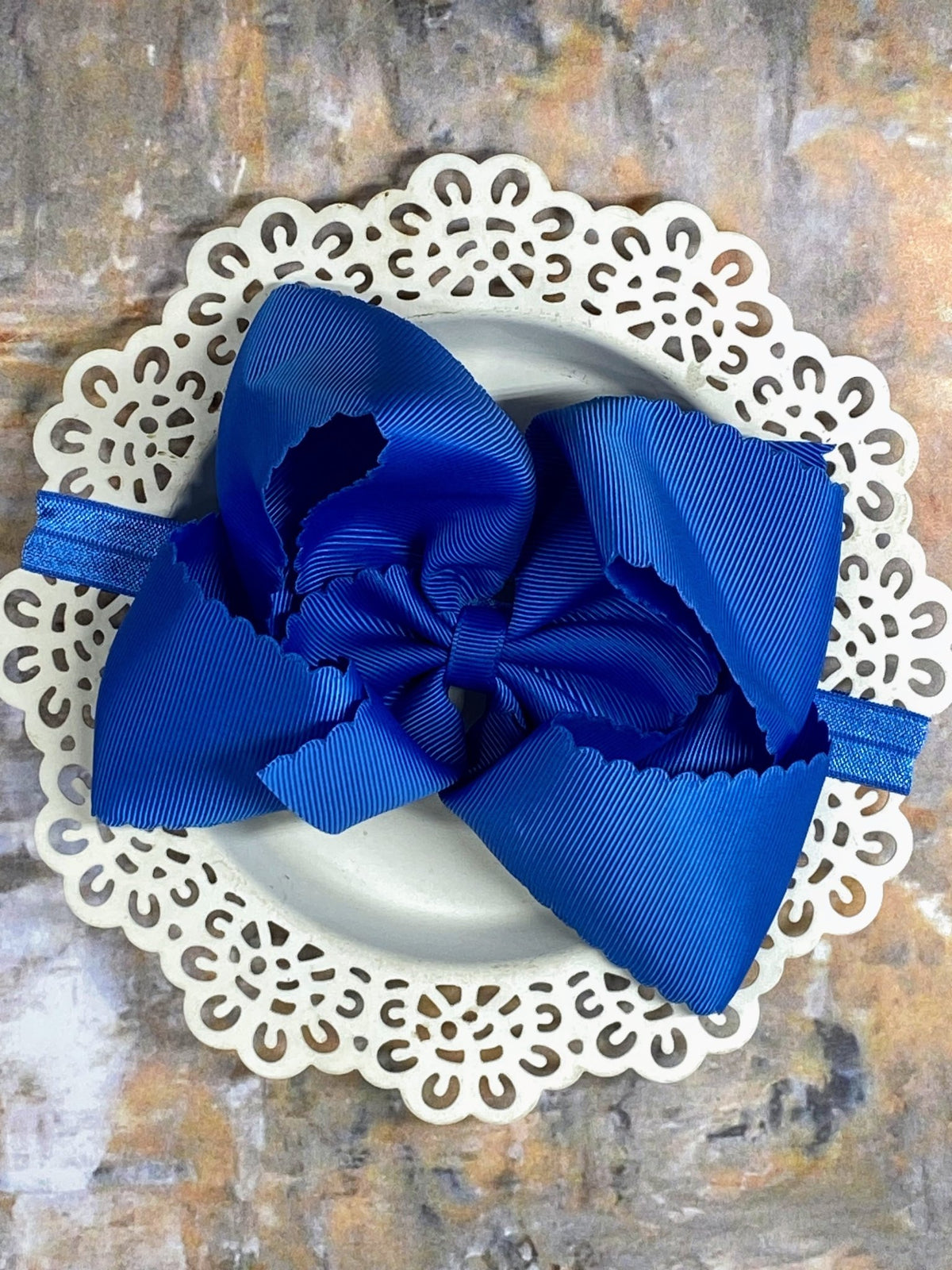 5.5 inch royal blue oversize scalloped hair bow on satin headband