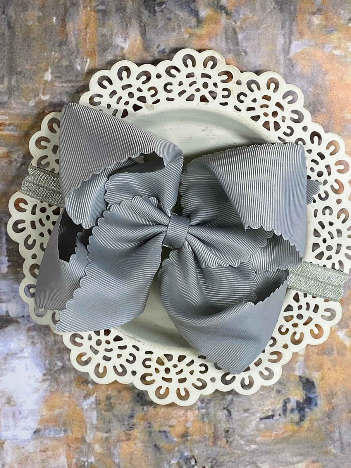5.5 inch silver oversize scalloped hair bow on satin headband