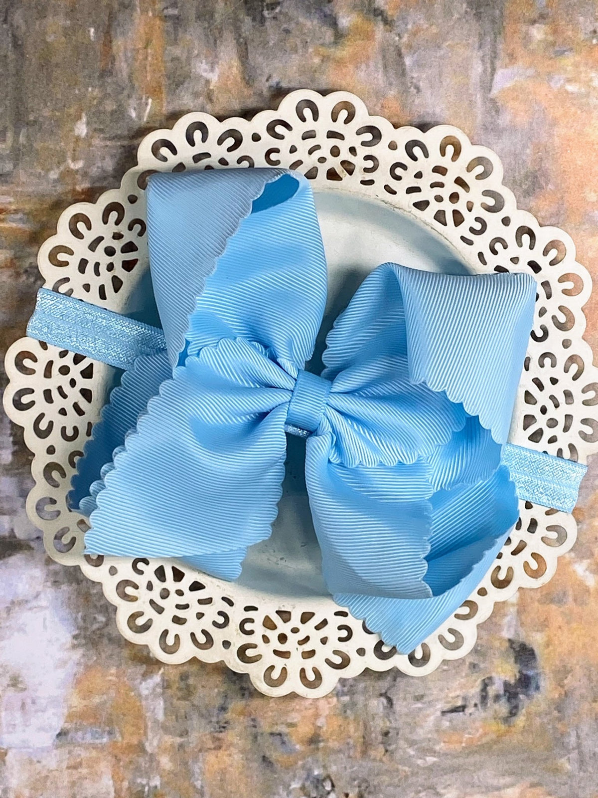 5.5 inch sky blue oversize scalloped hair bow on satin headband