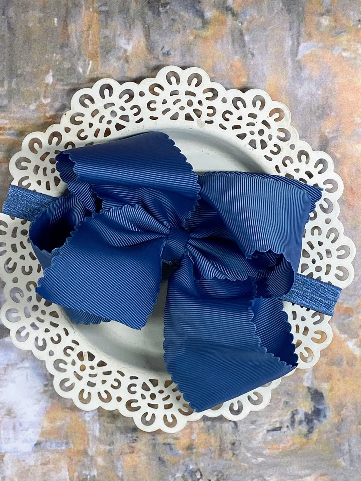 5.5 inch smoke blue oversize scalloped hair bow on satin headband