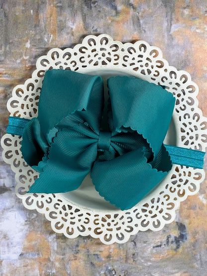 5.5 inch teal oversize scalloped hair bow on satin headband