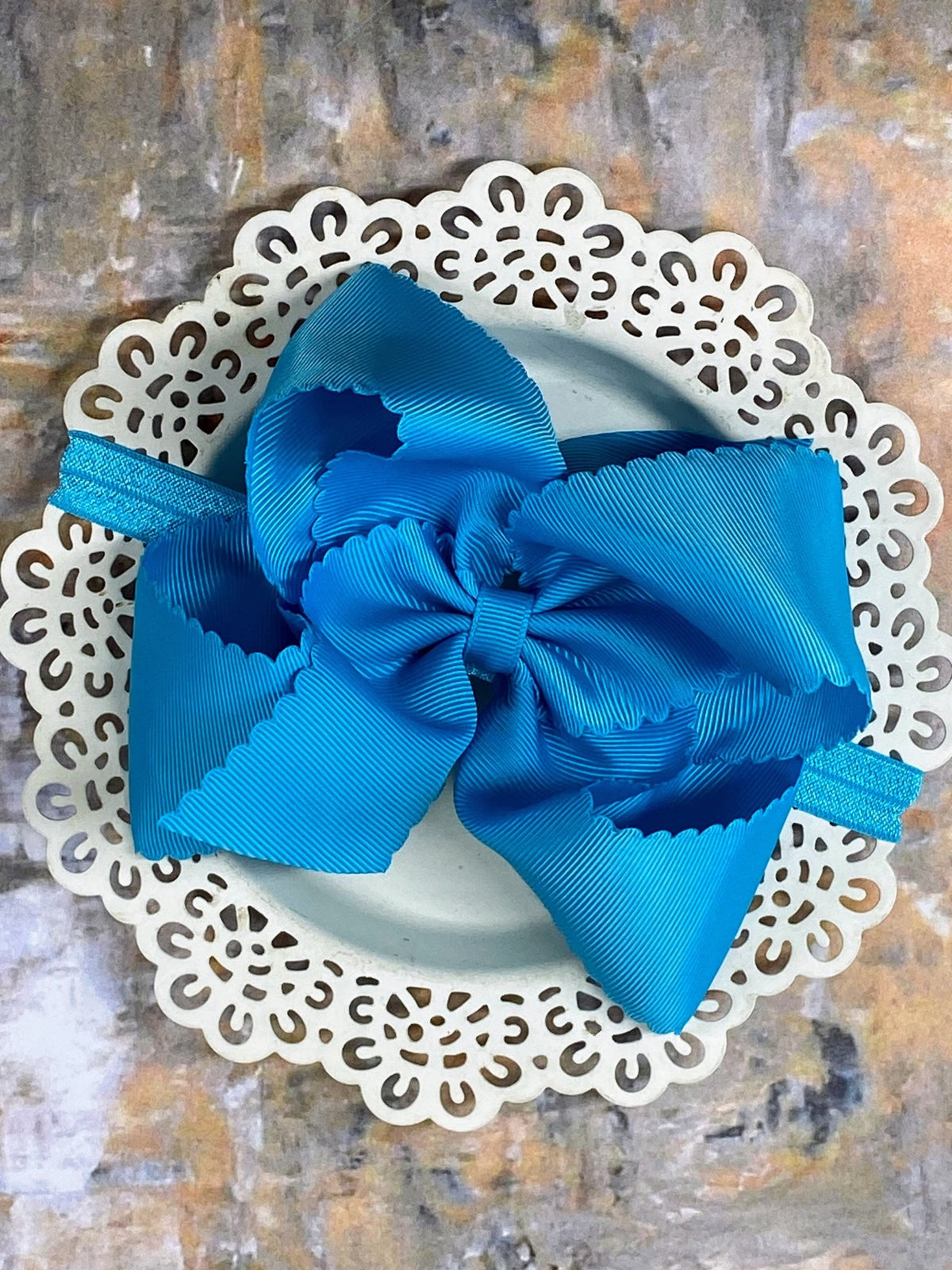 5.5 inch turquoise oversize scalloped hair bow on satin headband