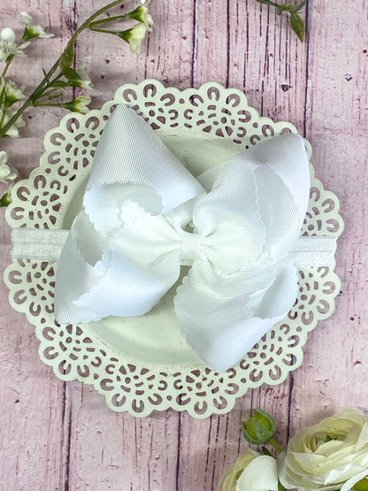 5.5 inch white oversize scalloped hair bow on satin headband