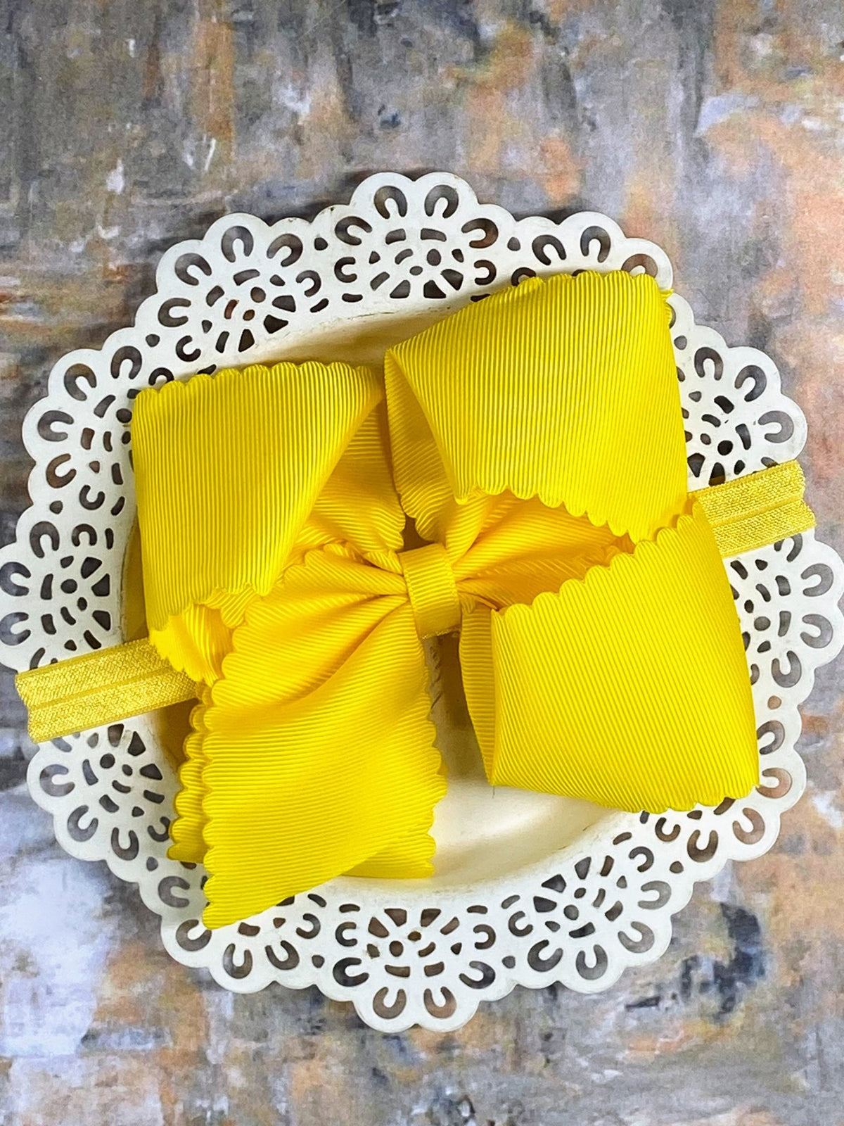 5.5 inch yellow oversize scalloped hair bow on satin headband