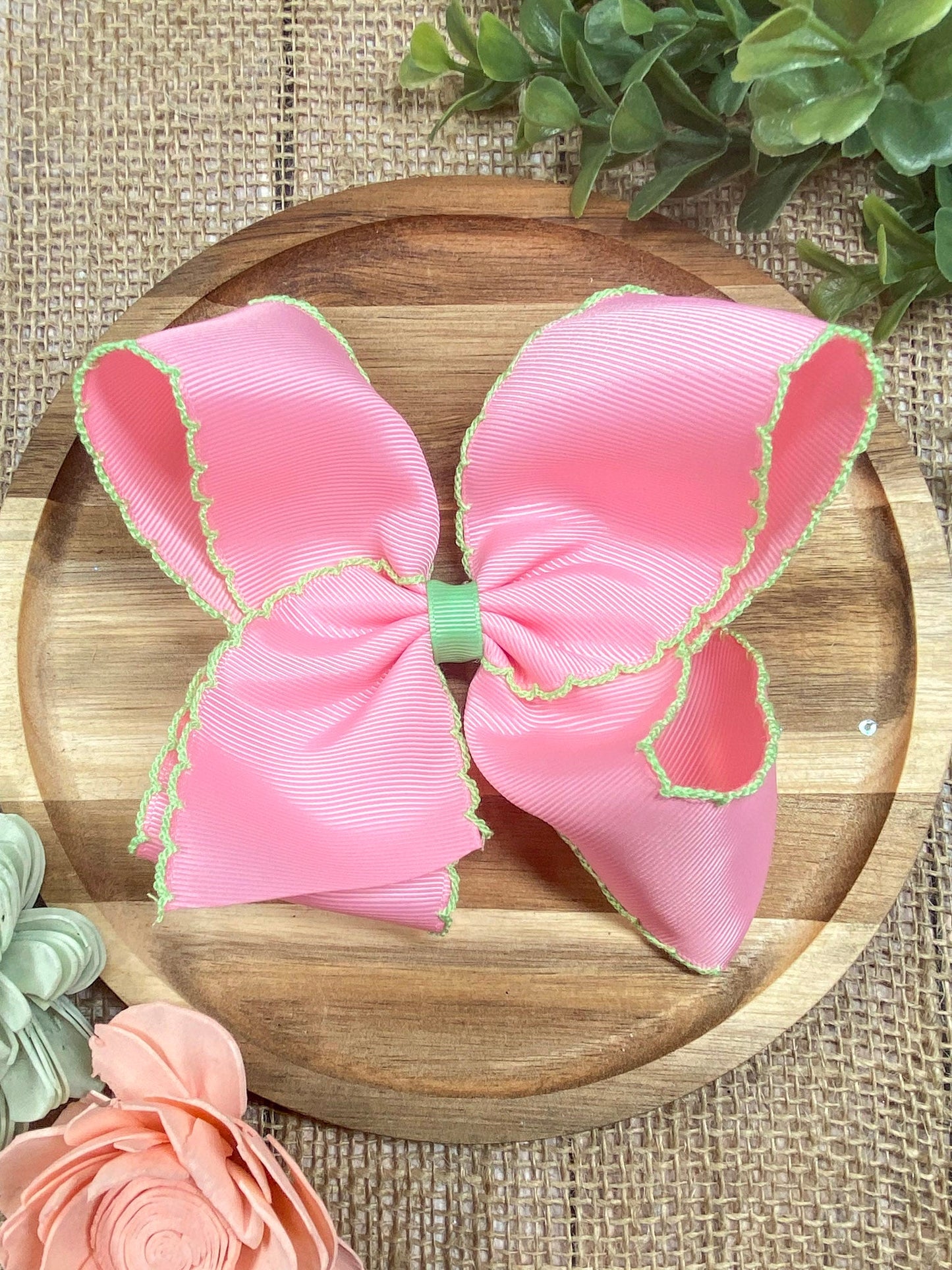 Pink with Green Moonstitch Bow 