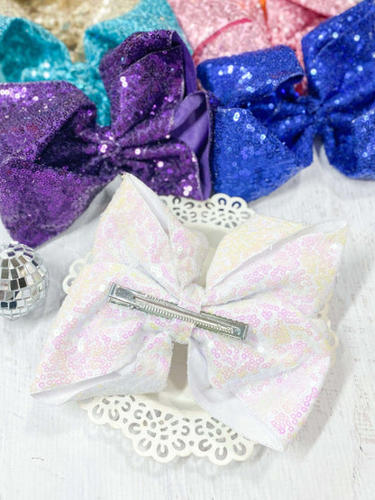 Back of 6.5 inch sequin Texas size hair bow showing alligator clip