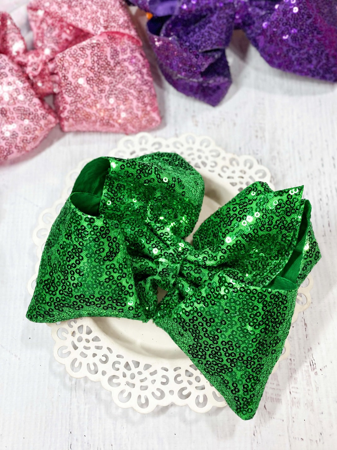 6.5 inch emerald sequin Texas size hair bow