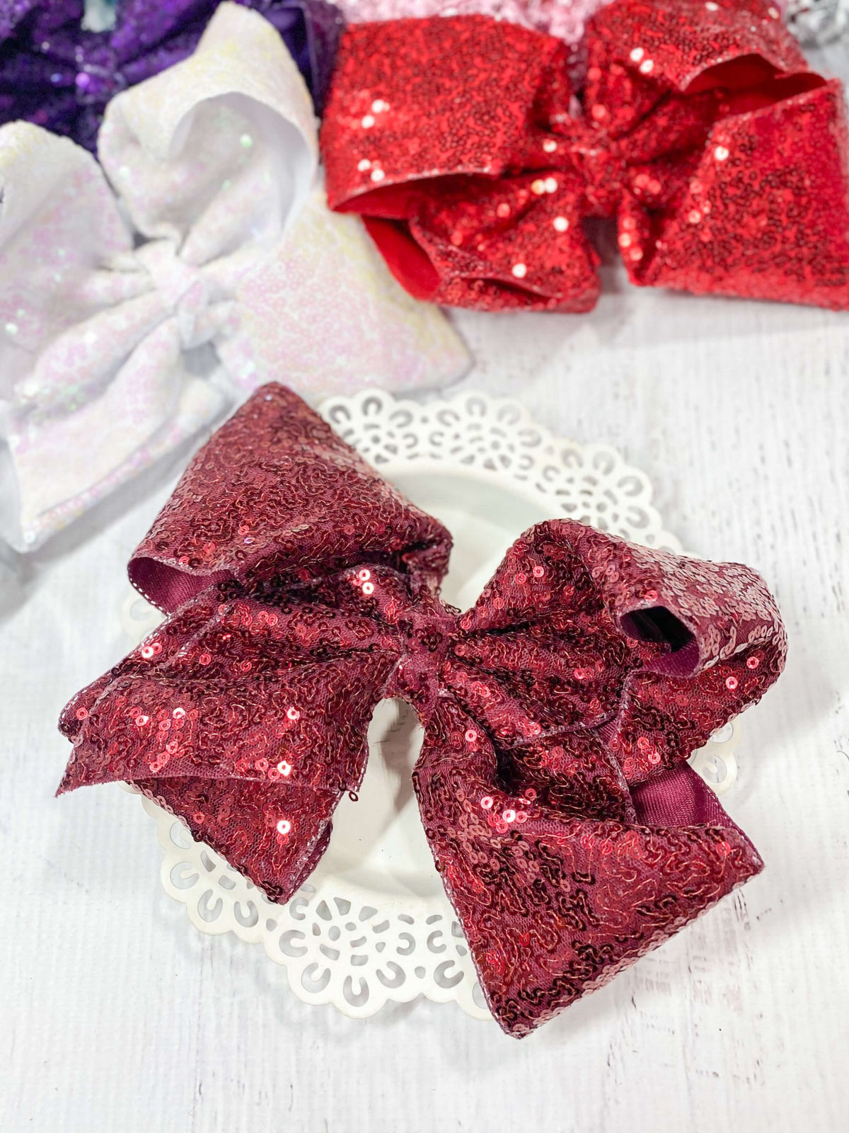 6.5 inch maroon sequin Texas size hair bow