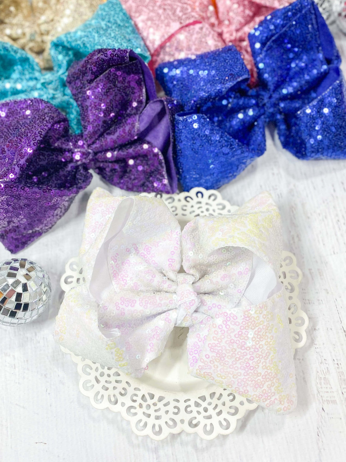 6.5 inch pearl white sequin Texas size hair bow