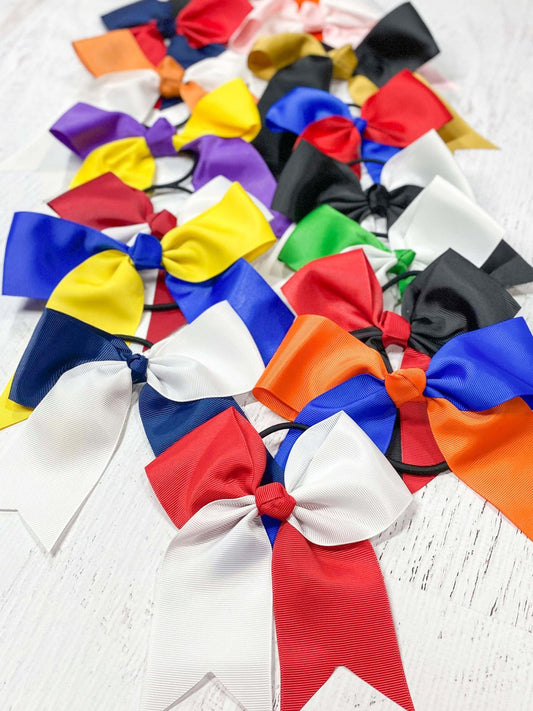 6 inch two tone school spirit cheer bows on pony-o elastic