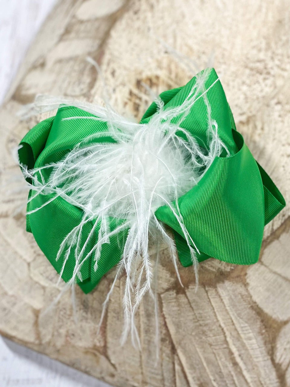 6 inch green grosgrain hair bow with white feather puff