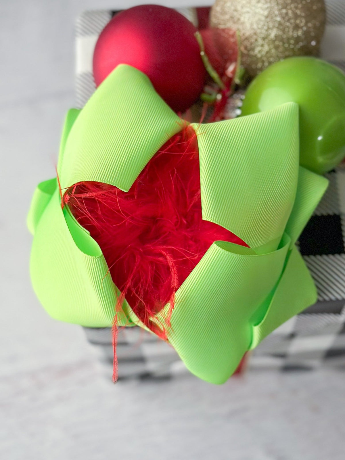 6 inch lime green grosgrain hair bow with red feather puff