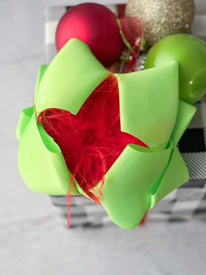 6 inch lime green grosgrain hair bow with red feather puff