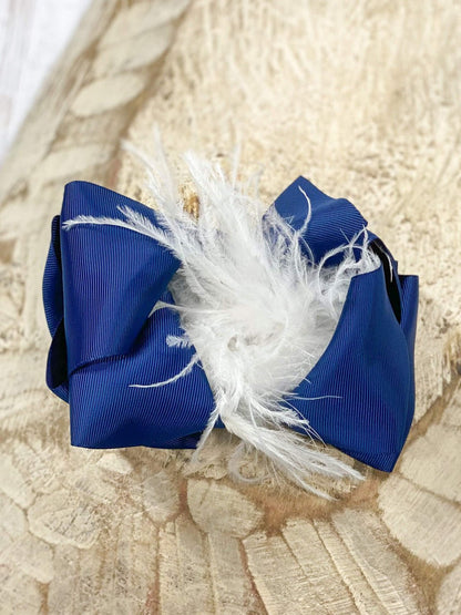 6 inch navy grosgrain hair bow with white feather puff