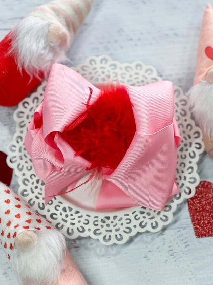 6 inch pink grosgrain hair bow with red feather puff
