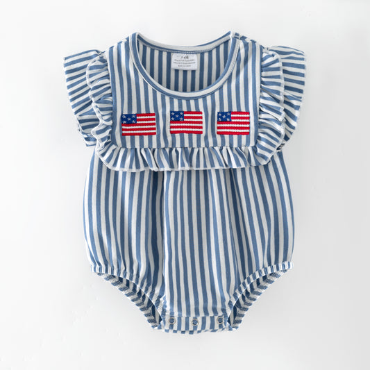 Blue Stripe American Flag Bubble Romper | Baby Girl Patriotic Ruffle Bubble