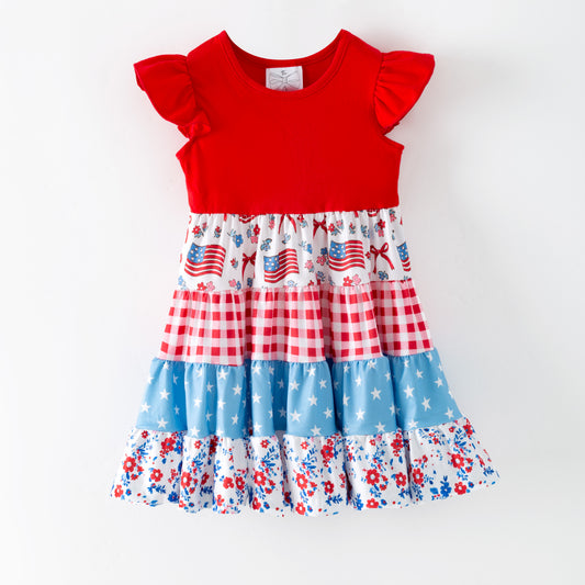 Patriotic Patchwork Twirl Dress | Girls Red White Blue Tiered Dress