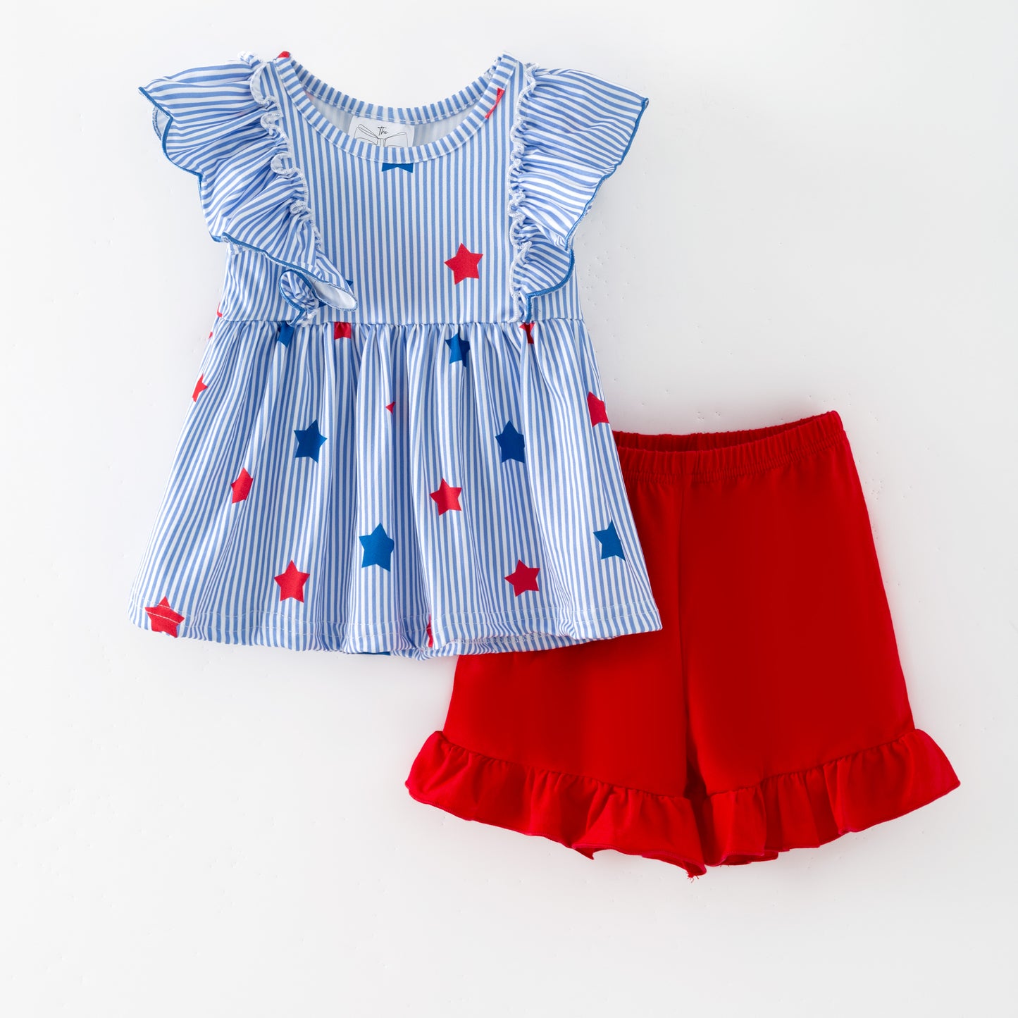 Blue Stripe Star Ruffle Shorts Set | Girls Patriotic Flutter Sleeve Outfit