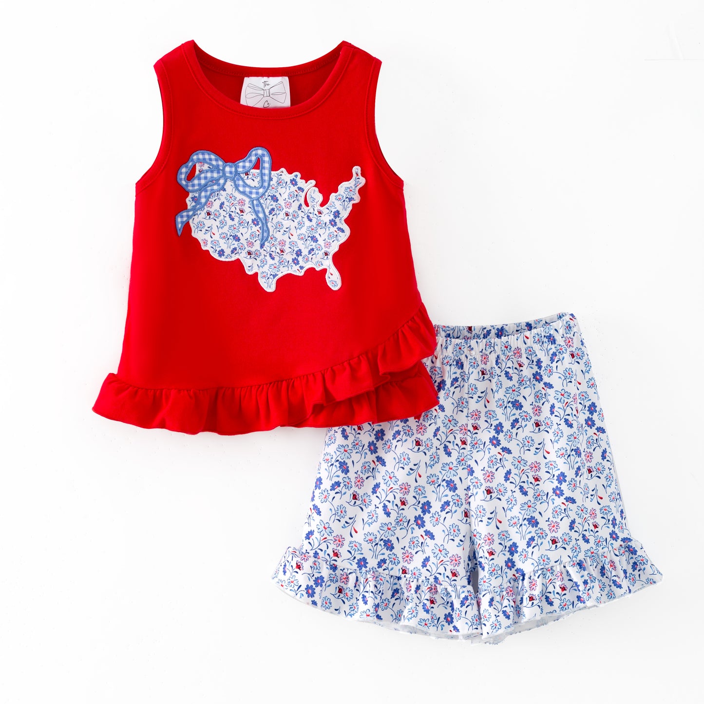 Red USA Floral Shorts Set | Girls Patriotic Map Applique Outfit