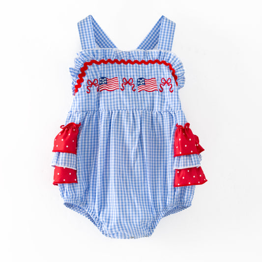 Blue Gingham American Flag Bubble Romper | Baby Patriotic Smocked Bubble