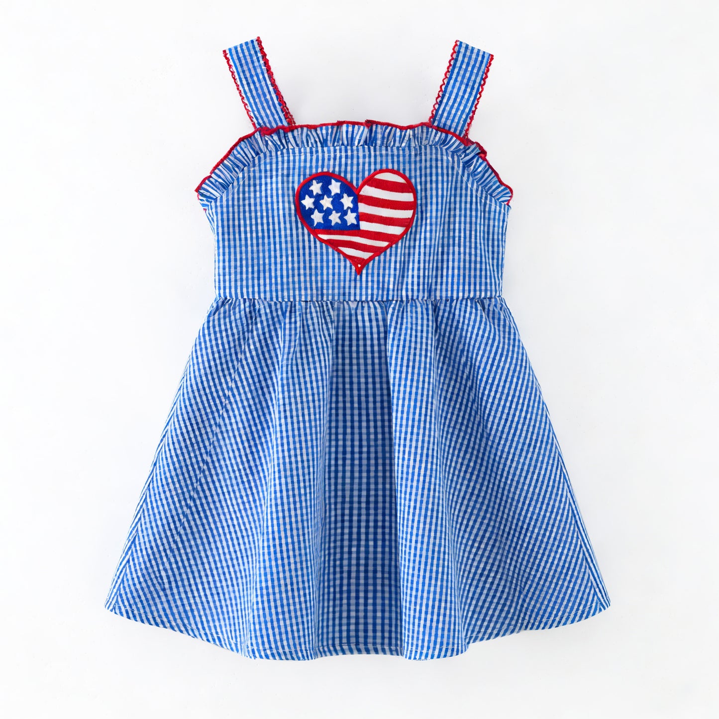 Blue Gingham American Heart Twirl Dress | Girls Patriotic Summer Dress