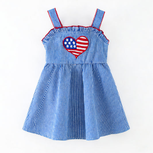 Blue Gingham American Heart Twirl Dress | Girls Patriotic Summer Dress