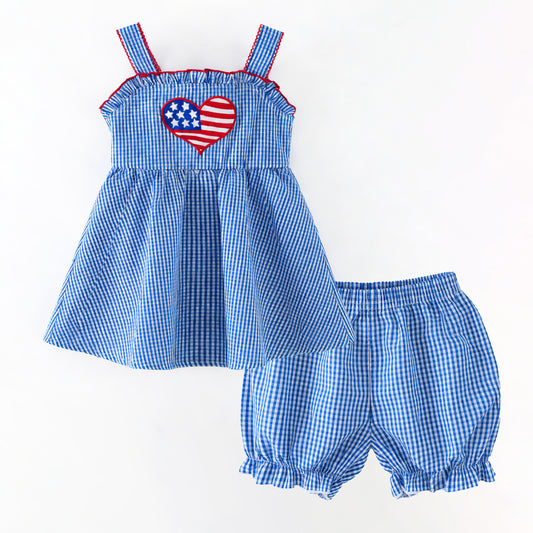 Blue Gingham American Heart Shorts Set | Girls Patriotic Tank & Bloomer Set