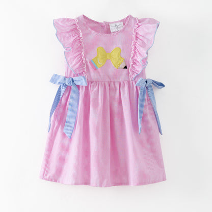 Pink striped dress with a bow on a white background