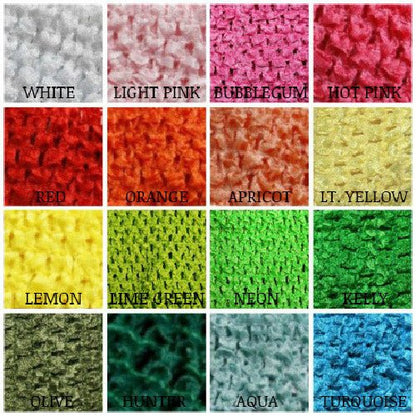 Color chart of crochet tutu tops showing fabric swatches in white, light pink, bubblegum, hot pink, red, orange, apricot, light yellow, lemon, lime green, neon, kelly, olive, hunter, aqua, and turquoise.