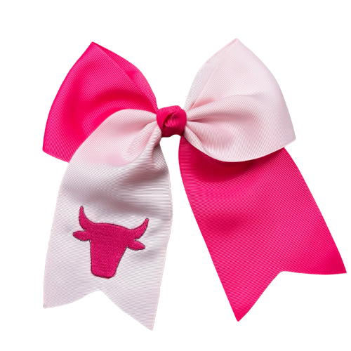Large pink and white hair bow with a bull logo on a white background